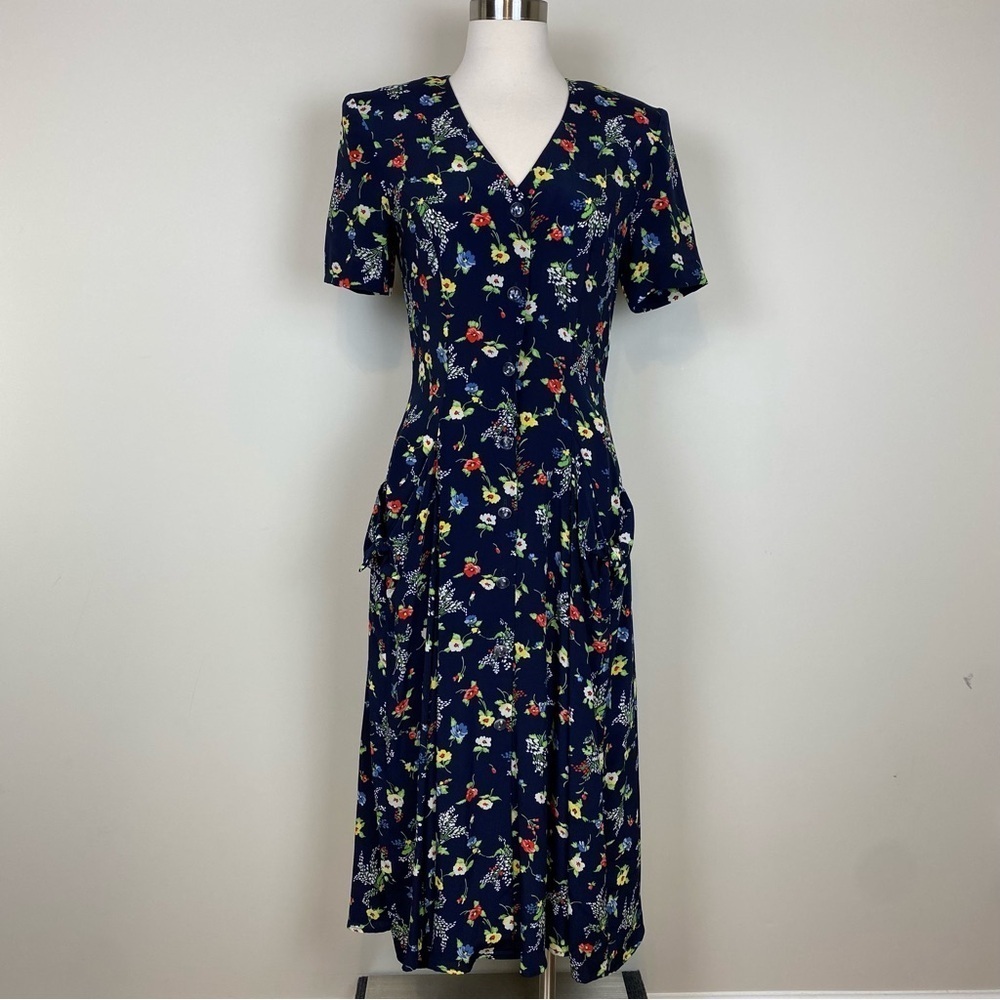 Parallel Vintage Button Front Midi Dress‎ Size 6 Dark Floral Fit & Flare Pockets